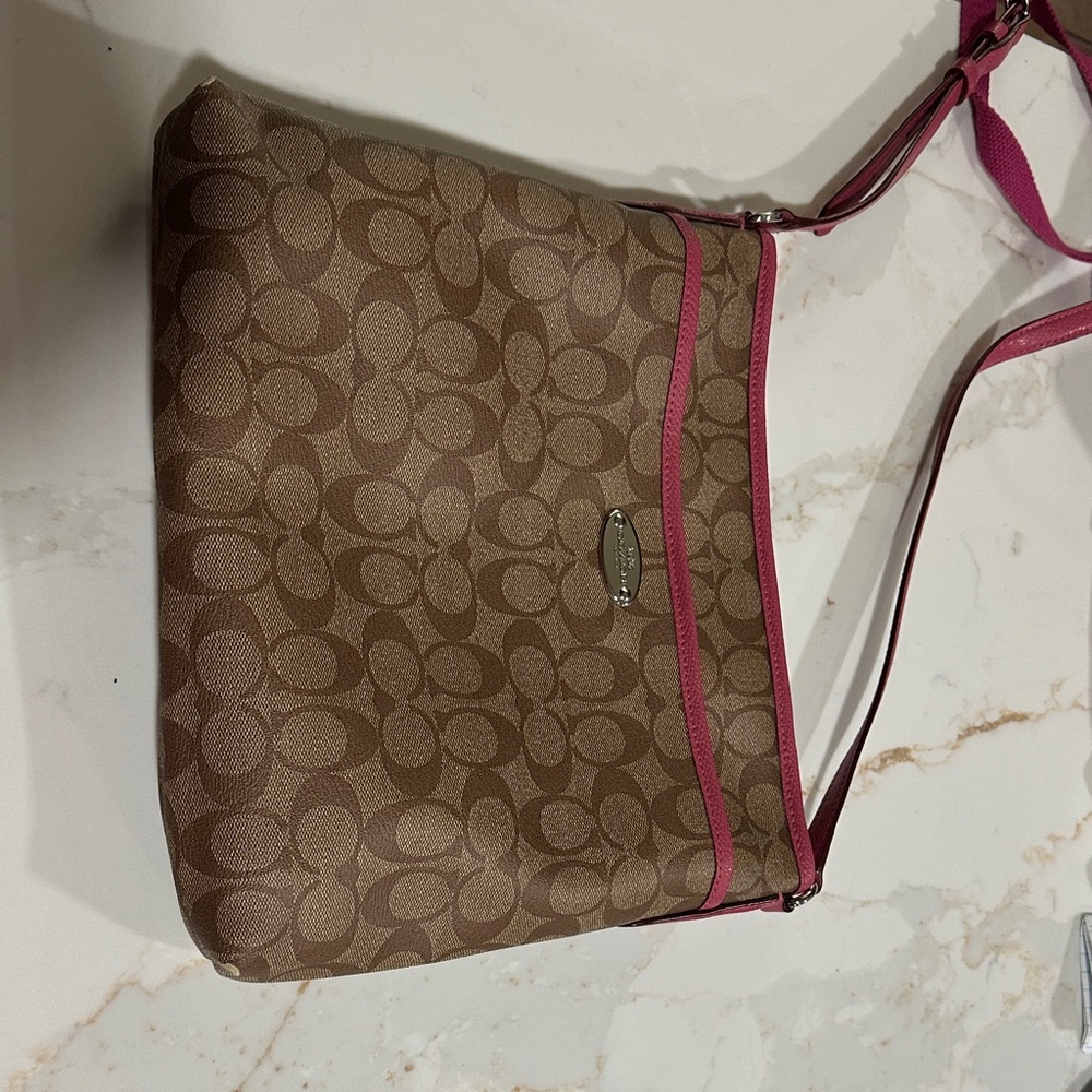 Coach Brown Signature Crossbody with Pink Trim